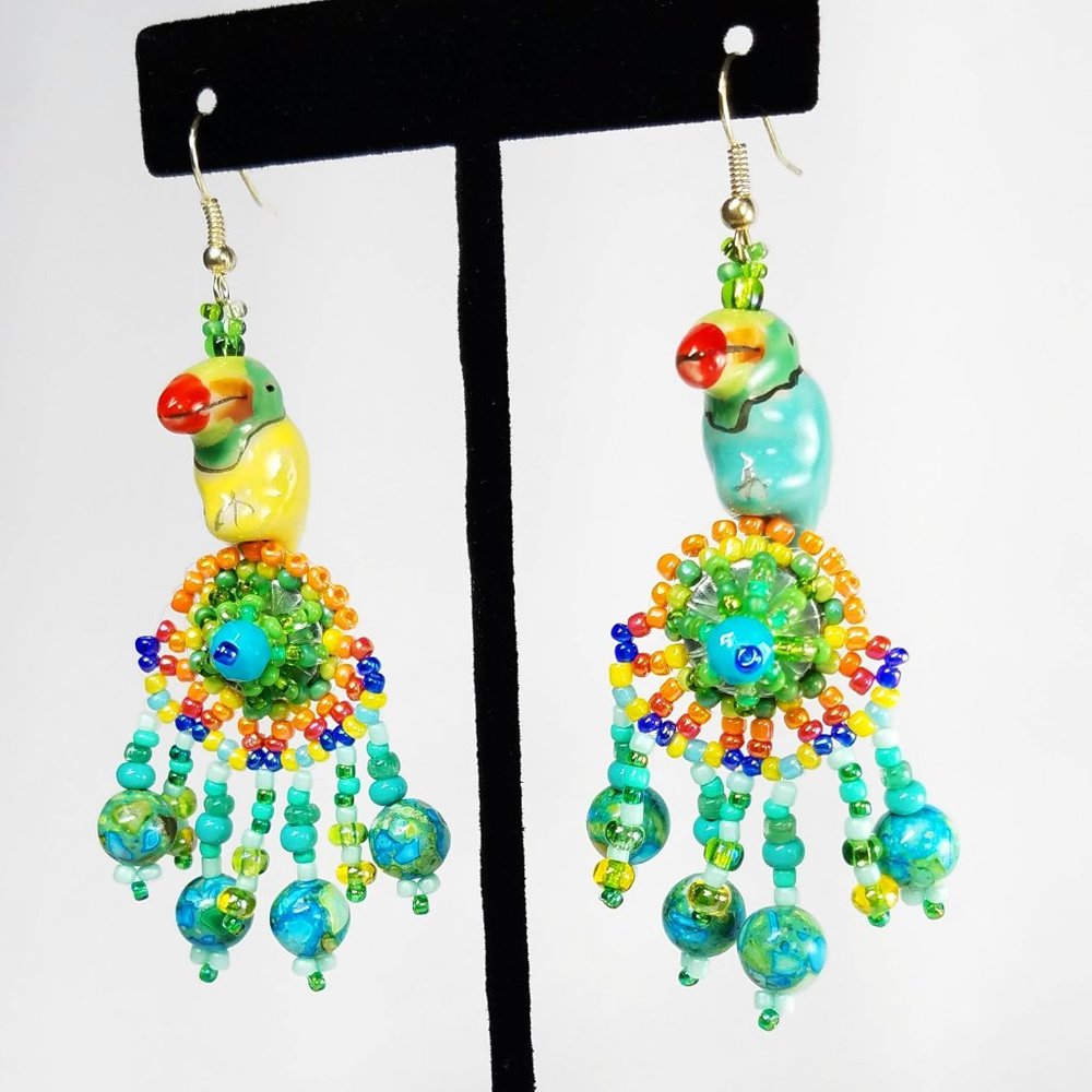 Whimsical Colorful Tropical Parrot Beaded Dangling Earrings, BOHO